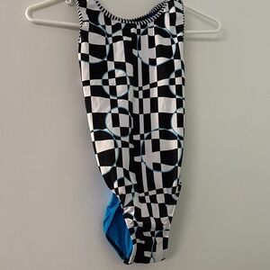 Black and White Geometric Leotard with Blue Accents